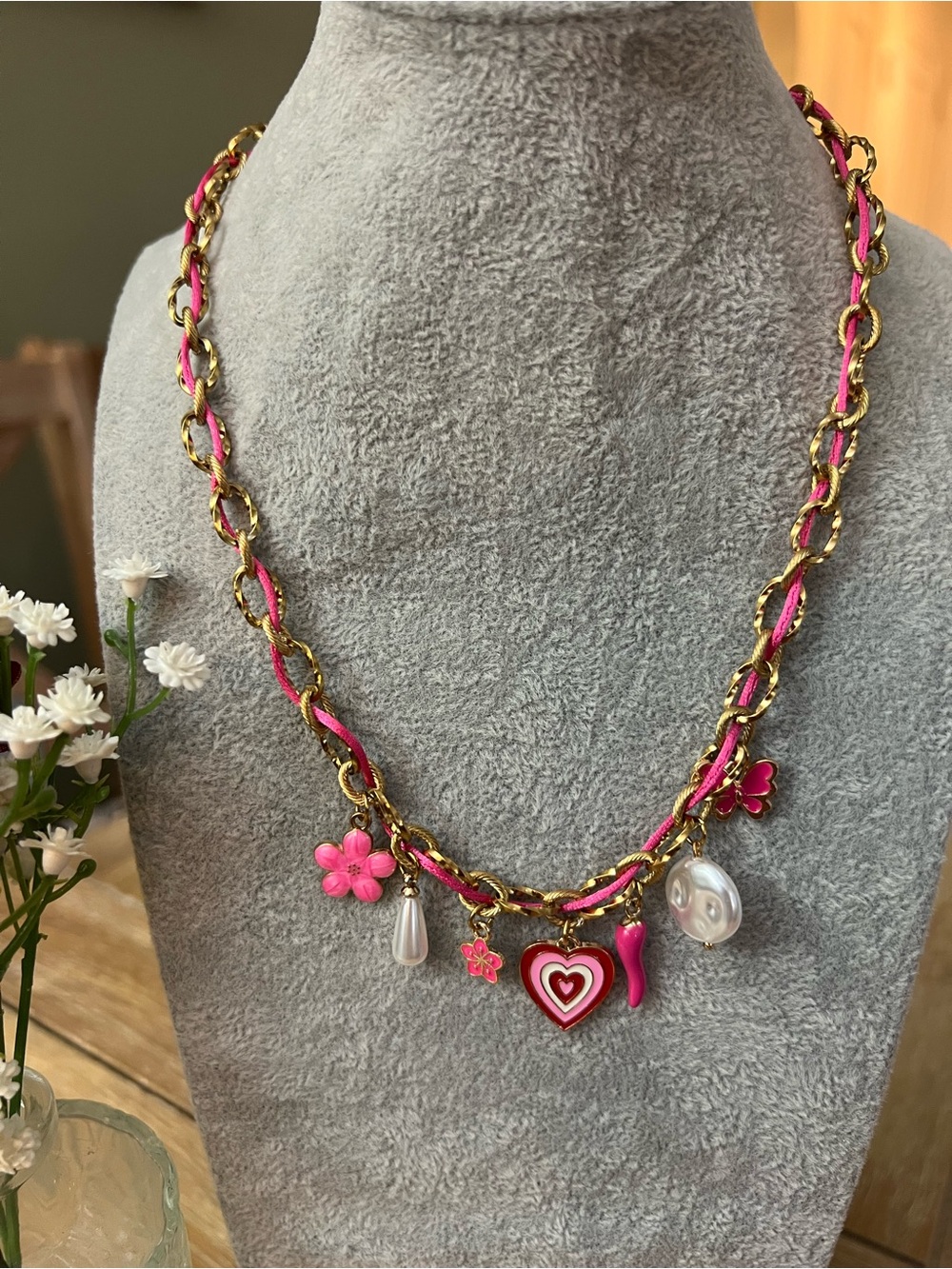 Gold-Tone Chain Necklace with Pink Enamel Charms